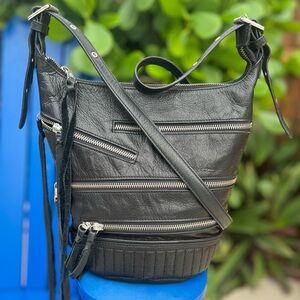 Ash Babe Black Leather Zipper Bucket Crossbody Shoulder Bag